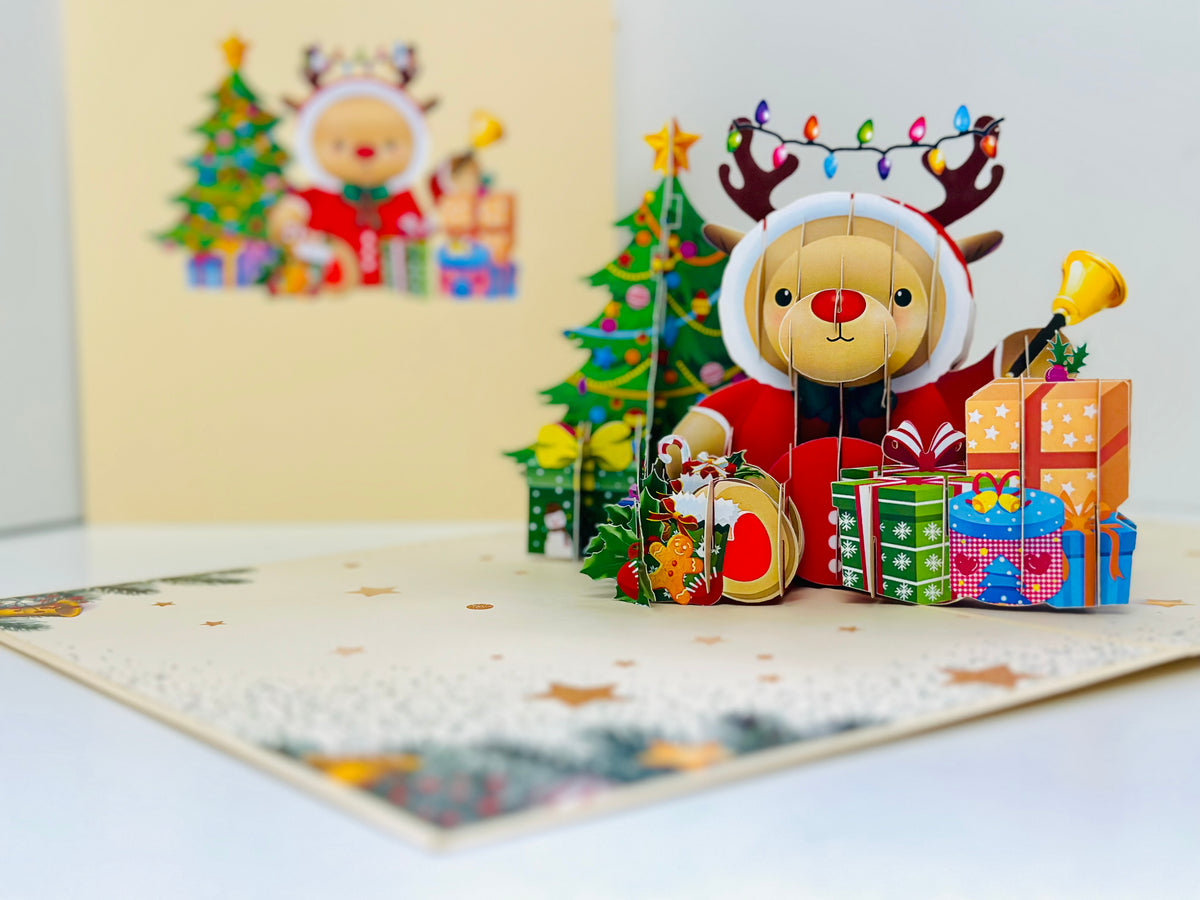 Grumpy Rudolph The Red Nosed Reindeer Origami Pop Cards 3D Pop Up Greeting Card Merry Christmas Thank You Handmade Best Wishes Blank Card Gift Happy Holidays Celebrate the Special Day Moment with Family and Friends