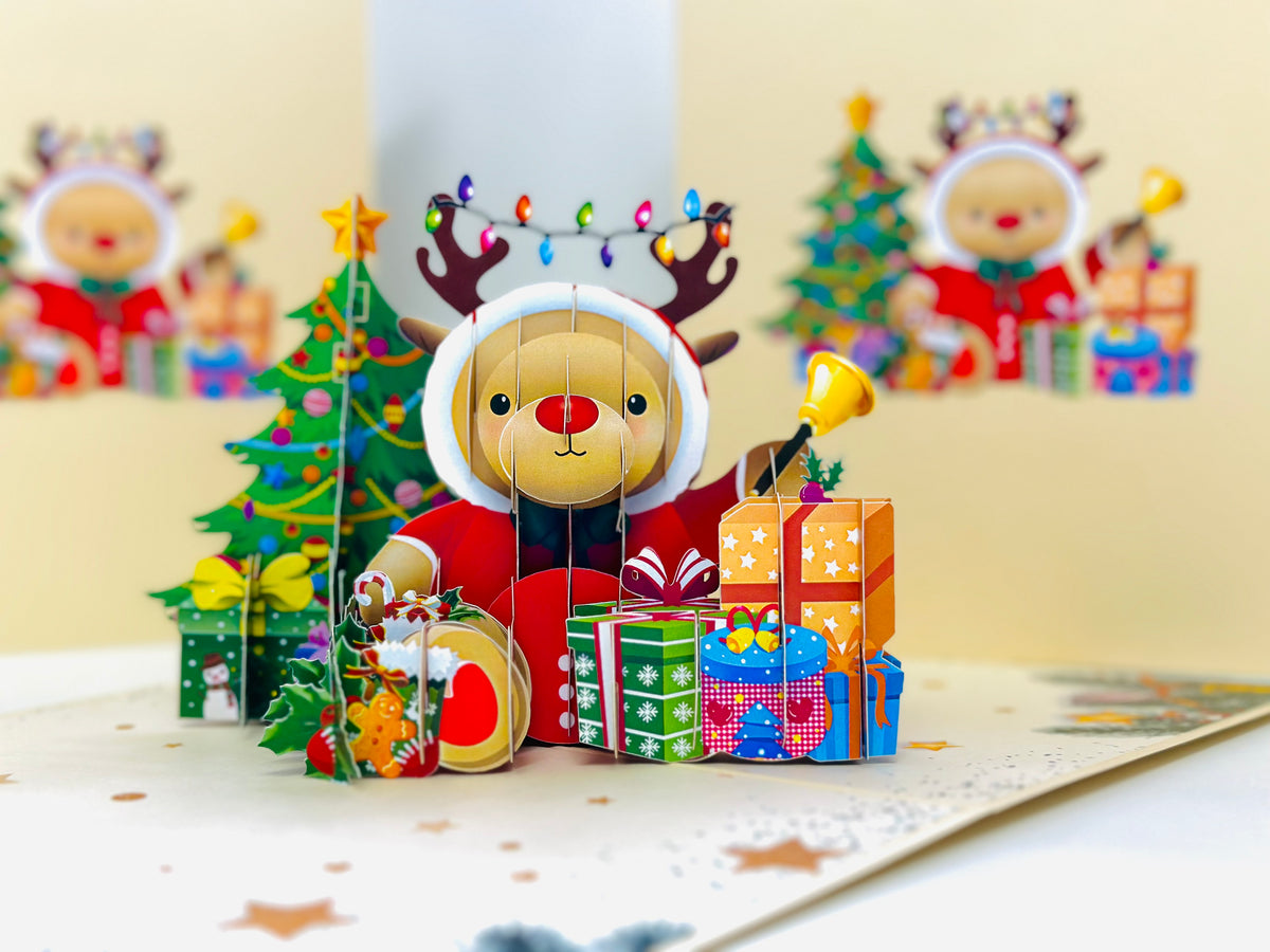 Grumpy Rudolph The Red Nosed Reindeer Origami Pop Cards 3D Pop Up Greeting Card Merry Christmas Thank You Handmade Best Wishes Blank Card Gift Happy Holidays Celebrate the Special Day Moment with Family and Friends