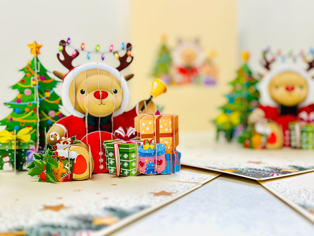 Grumpy Rudolph The Red Nosed Reindeer Origami Pop Cards 3D Pop Up Greeting Card Merry Christmas Thank You Handmade Best Wishes Blank Card Gift Happy Holidays Celebrate the Special Day Moment with Family and Friends