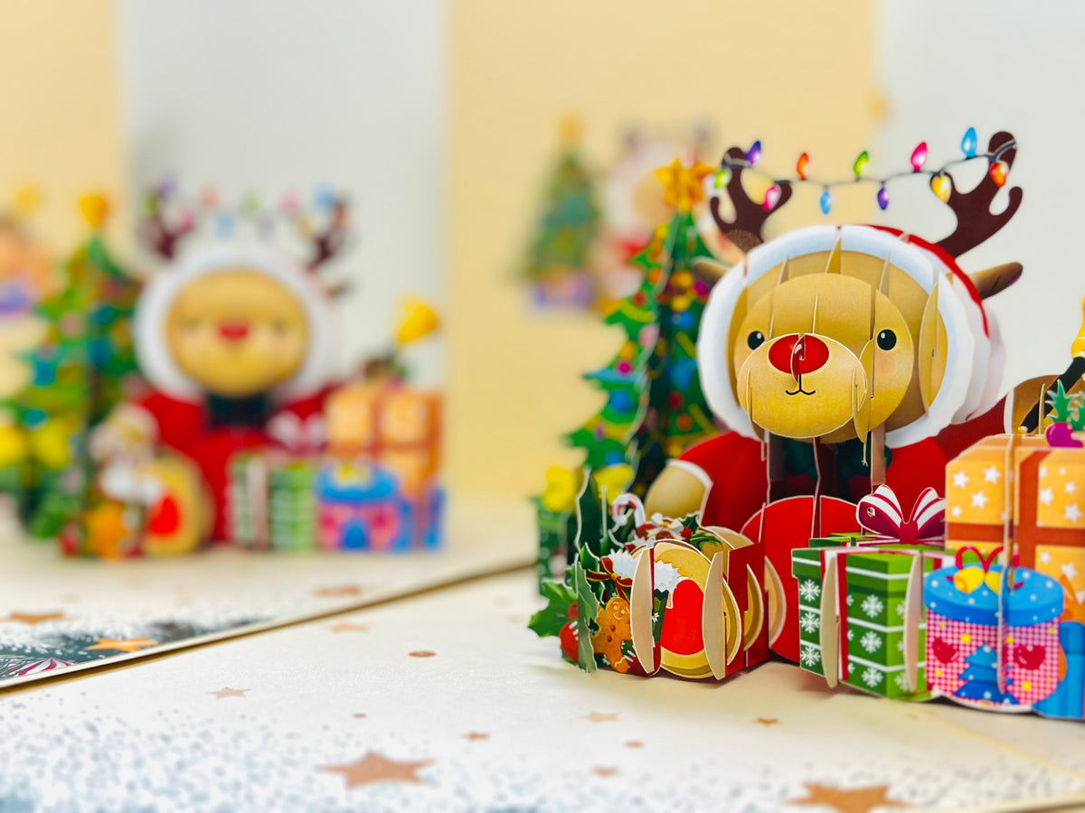 Grumpy Rudolph The Red Nosed Reindeer Origami Pop Cards 3D Pop Up Greeting Card Merry Christmas Thank You Handmade Best Wishes Blank Card Gift Happy Holidays Celebrate the Special Day Moment with Family and Friends