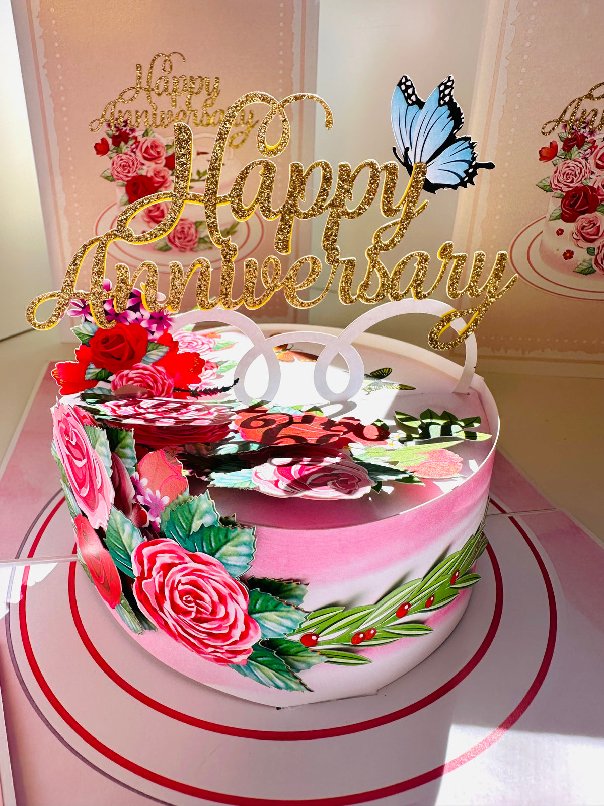 Happy Anniversary Cake with Blue Butterflies 3D POP UP GREETING CARD - Created by Origami Pop Cards Australian Design & Handmade 3D Pop Up Magical Paper Cards, Handmade Pop Up Cards Happy Valentine's Day Celebrate Love Heart Fell and Romantic