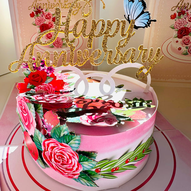 Happy Anniversary Cake with Blue Butterflies 3D POP UP GREETING CARD - Created by Origami Pop Cards Australian Design & Handmade 3D Pop Up Magical Paper Cards, Handmade Pop Up Cards Happy Valentine's Day Celebrate Love Heart Fell and Romantic