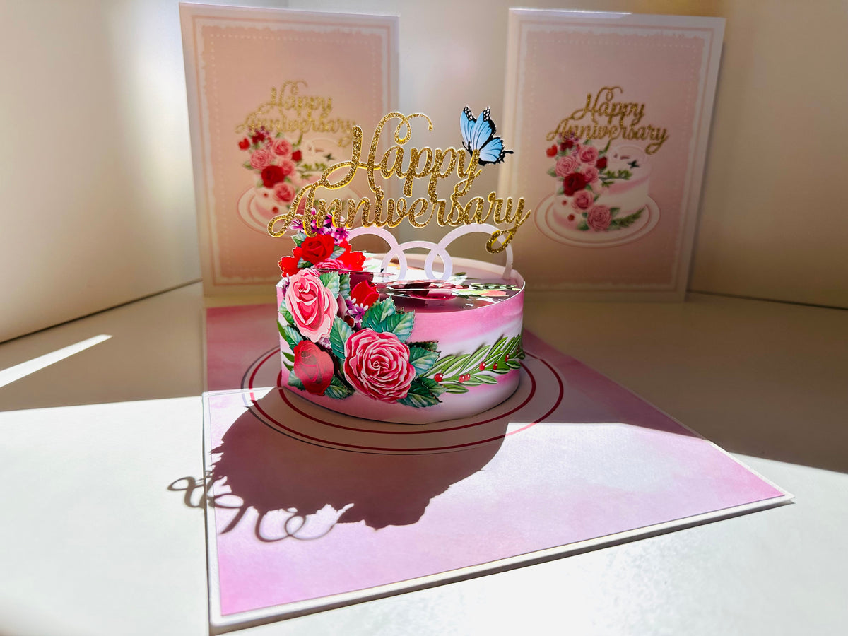 Happy Anniversary Cake with Blue Butterflies 3D POP UP GREETING CARD - Created by Origami Pop Cards Australian Design & Handmade 3D Pop Up Magical Paper Cards, Handmade Pop Up Cards Happy Valentine's Day Celebrate Love Heart Fell and Romantic