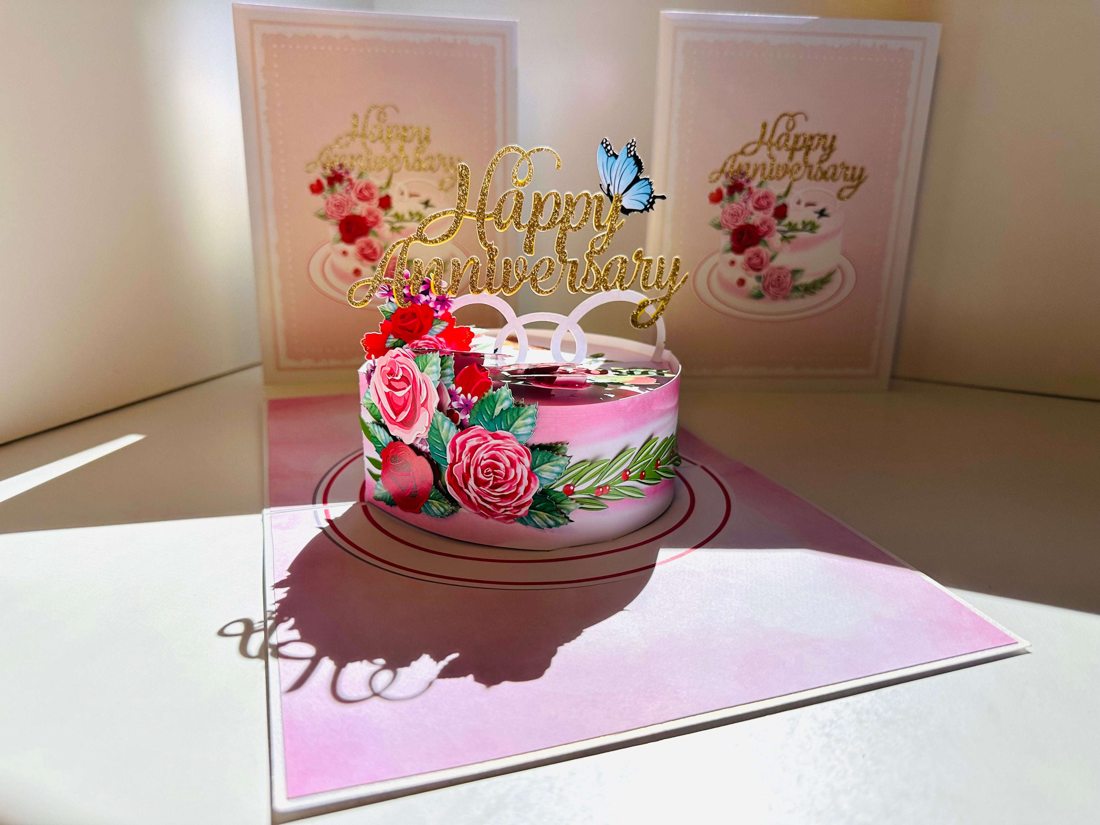 Happy Anniversary Cake with Blue Butterflies 3D POP UP GREETING CARD - Created by Origami Pop Cards Australian Design & Handmade 3D Pop Up Magical Paper Cards, Handmade Pop Up Cards Happy Valentine's Day Celebrate Love Heart Fell and Romantic