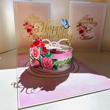 Happy Anniversary Cake with Blue Butterflies 3D POP UP GREETING CARD - Created by Origami Pop Cards Australian Design & Handmade 3D Pop Up Magical Paper Cards, Handmade Pop Up Cards Happy Valentine's Day Celebrate Love Heart Fell and Romantic