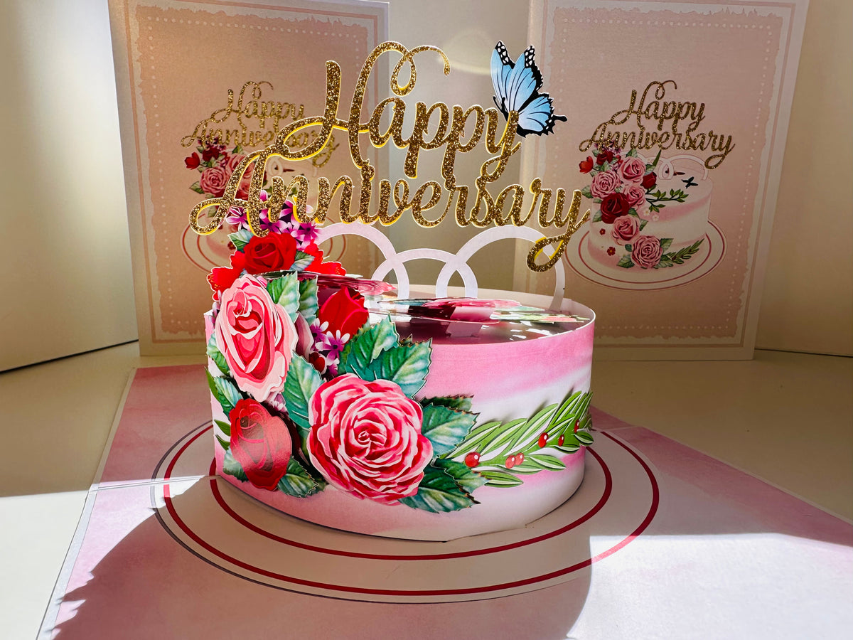 Happy Anniversary Cake with Blue Butterflies 3D POP UP GREETING CARD - Created by Origami Pop Cards Australian Design & Handmade 3D Pop Up Magical Paper Cards, Handmade Pop Up Cards Happy Valentine's Day Celebrate Love Heart Fell and Romantic