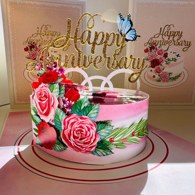 Happy Anniversary Cake with Blue Butterflies 3D POP UP GREETING CARD - Created by Origami Pop Cards Australian Design & Handmade 3D Pop Up Magical Paper Cards, Handmade Pop Up Cards Happy Valentine's Day Celebrate Love Heart Fell and Romantic