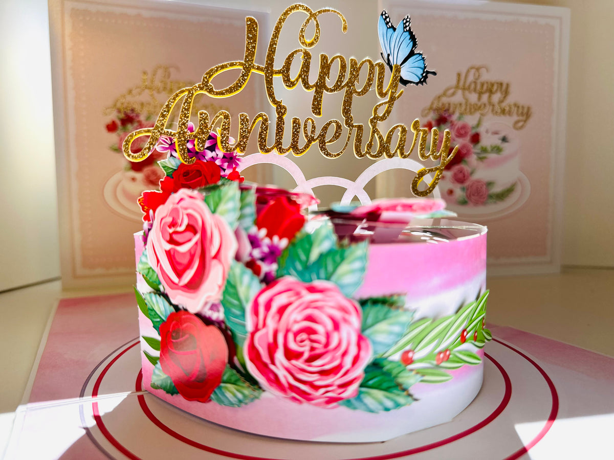Happy Anniversary Cake with Blue Butterflies 3D POP UP GREETING CARD - Created by Origami Pop Cards Australian Design & Handmade 3D Pop Up Magical Paper Cards, Handmade Pop Up Cards Happy Valentine's Day Celebrate Love Heart Fell and Romantic