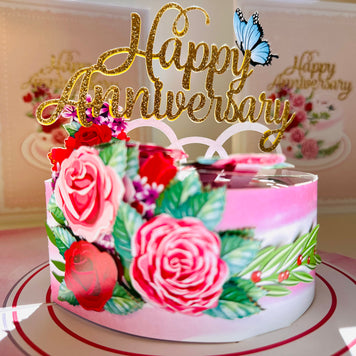 Happy Anniversary Cake with Blue Butterflies 3D POP UP GREETING CARD - Created by Origami Pop Cards Australian Design & Handmade 3D Pop Up Magical Paper Cards, Handmade Pop Up Cards Happy Valentine's Day Celebrate Love Heart Fell and Romantic