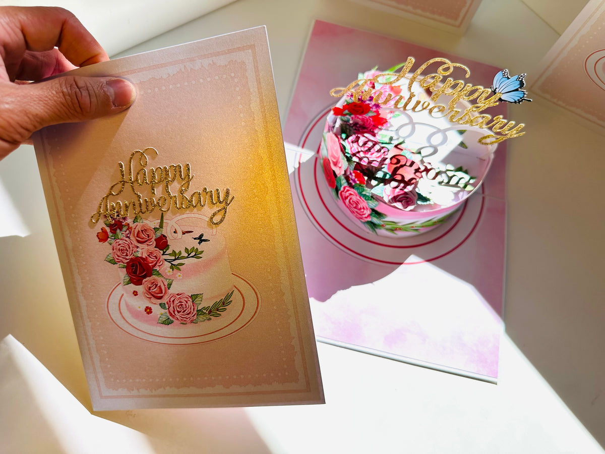 Happy Anniversary Cake with Blue Butterflies 3D POP UP GREETING CARD - Created by Origami Pop Cards Australian Design & Handmade 3D Pop Up Magical Paper Cards, Handmade Pop Up Cards Happy Valentine's Day Celebrate Love Heart Fell and Romantic