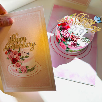 Happy Anniversary Cake with Blue Butterflies 3D POP UP GREETING CARD - Created by Origami Pop Cards Australian Design & Handmade 3D Pop Up Magical Paper Cards, Handmade Pop Up Cards Happy Valentine's Day Celebrate Love Heart Fell and Romantic