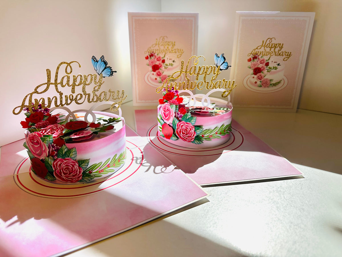 Happy Anniversary Cake with Blue Butterflies 3D POP UP GREETING CARD - Created by Origami Pop Cards Australian Design & Handmade 3D Pop Up Magical Paper Cards, Handmade Pop Up Cards Happy Valentine's Day Celebrate Love Heart Fell and Romantic