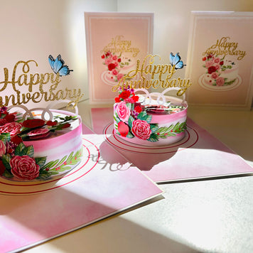 Happy Anniversary Cake with Blue Butterflies 3D POP UP GREETING CARD - Created by Origami Pop Cards Australian Design & Handmade 3D Pop Up Magical Paper Cards, Handmade Pop Up Cards Happy Valentine's Day Celebrate Love Heart Fell and Romantic