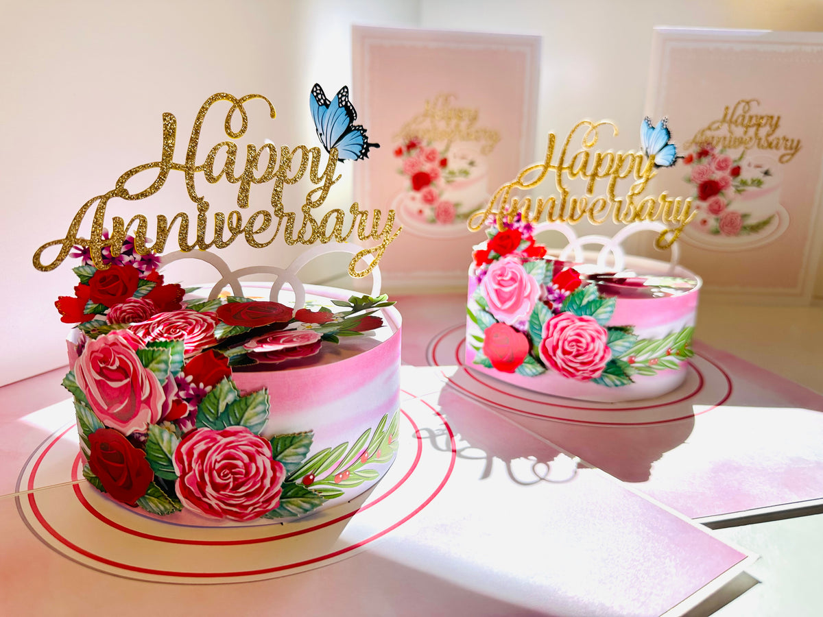Happy Anniversary Cake with Blue Butterflies 3D POP UP GREETING CARD - Created by Origami Pop Cards Australian Design & Handmade 3D Pop Up Magical Paper Cards, Handmade Pop Up Cards Happy Valentine's Day Celebrate Love Heart Fell and Romantic