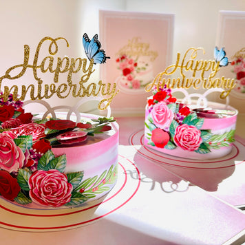 Happy Anniversary Cake with Blue Butterflies 3D POP UP GREETING CARD - Created by Origami Pop Cards Australian Design & Handmade 3D Pop Up Magical Paper Cards, Handmade Pop Up Cards Happy Valentine's Day Celebrate Love Heart Fell and Romantic