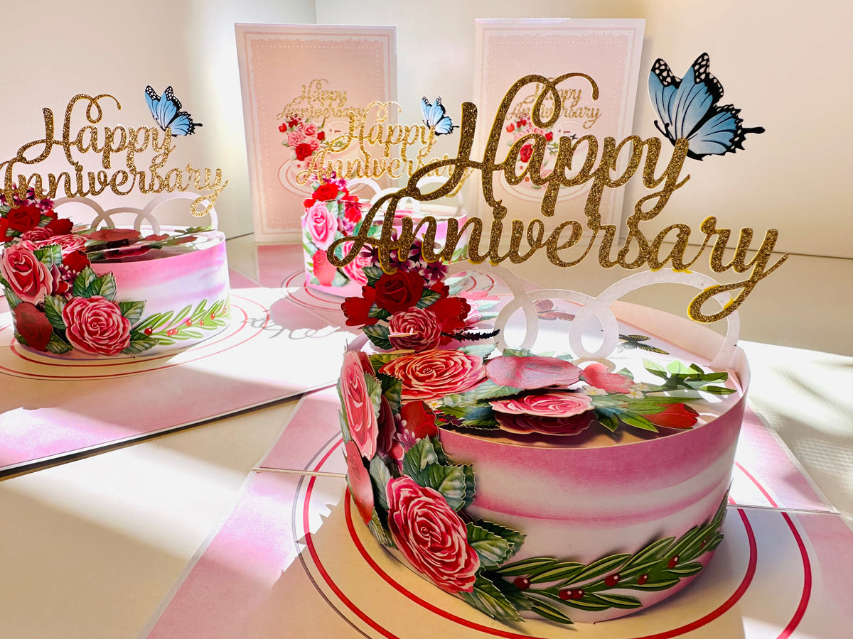 Happy Anniversary Cake with Blue Butterflies 3D POP UP GREETING CARD - Created by Origami Pop Cards Australian Design & Handmade 3D Pop Up Magical Paper Cards, Handmade Pop Up Cards Happy Valentine's Day Celebrate Love Heart Fell and Romantic