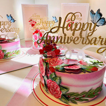 Happy Anniversary Cake with Blue Butterflies 3D POP UP GREETING CARD - Created by Origami Pop Cards Australian Design & Handmade 3D Pop Up Magical Paper Cards, Handmade Pop Up Cards Happy Valentine's Day Celebrate Love Heart Fell and Romantic