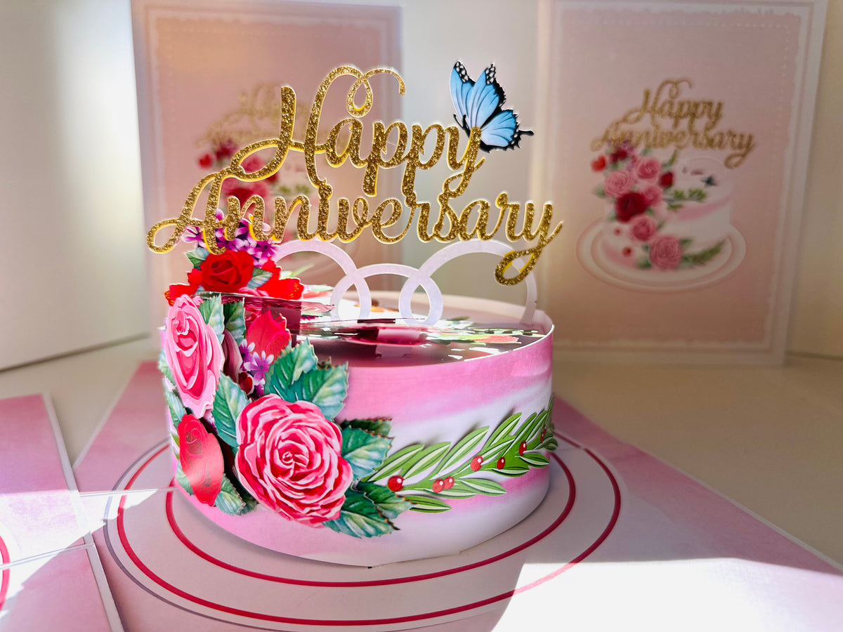 Happy Anniversary Cake with Blue Butterflies 3D POP UP GREETING CARD - Created by Origami Pop Cards Australian Design & Handmade 3D Pop Up Magical Paper Cards, Handmade Pop Up Cards Happy Valentine's Day Celebrate Love Heart Fell and Romantic