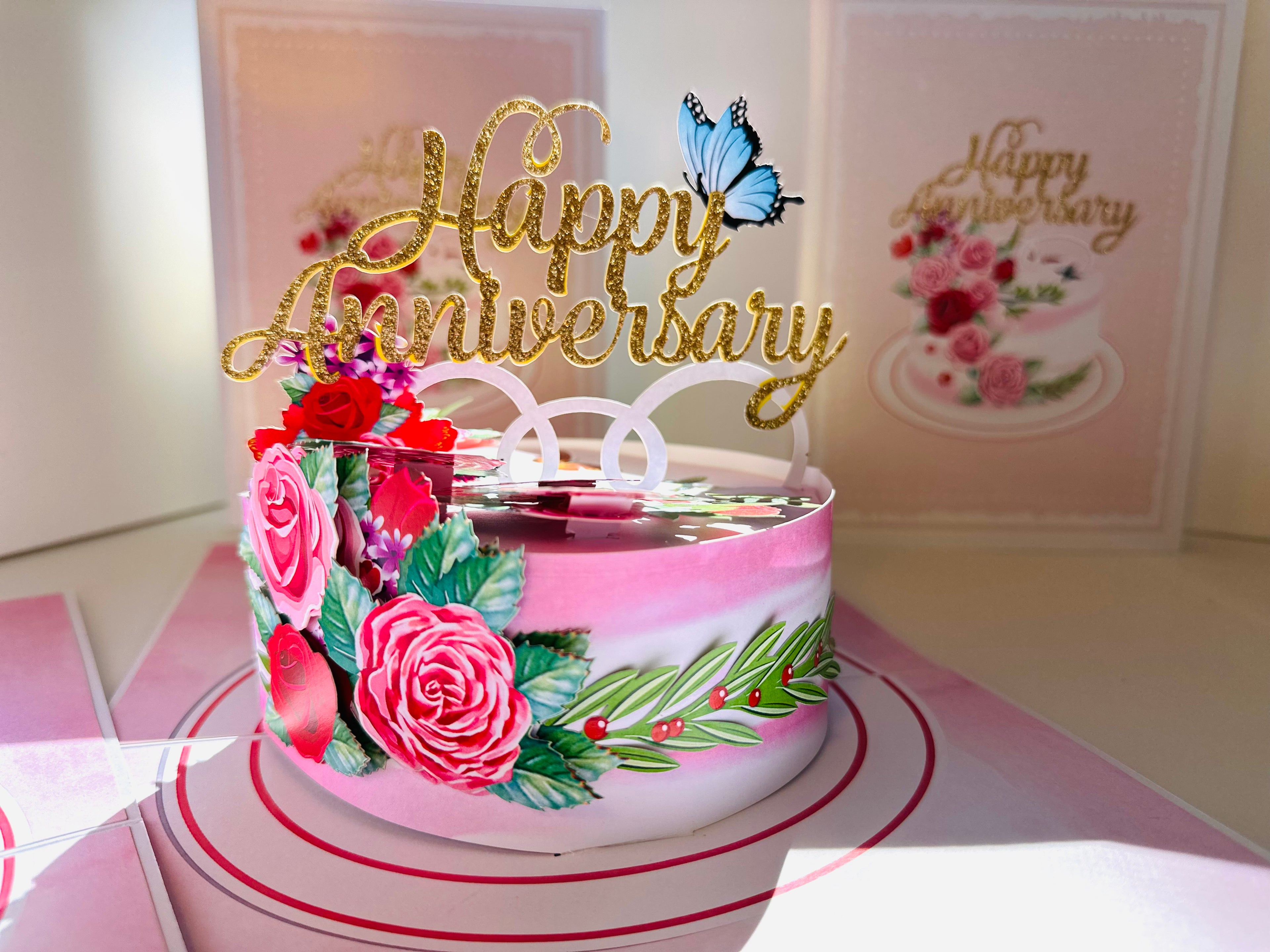 Happy Anniversary Cake with Blue Butterflies 3D POP UP GREETING CARD - Created by Origami Pop Cards Australian Design & Handmade 3D Pop Up Magical Paper Cards, Handmade Pop Up Cards Happy Valentine's Day Celebrate Love Heart Fell and Romantic