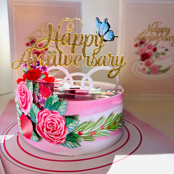 Happy Anniversary Cake with Blue Butterflies 3D POP UP GREETING CARD - Created by Origami Pop Cards Australian Design & Handmade 3D Pop Up Magical Paper Cards, Handmade Pop Up Cards Happy Valentine's Day Celebrate Love Heart Fell and Romantic