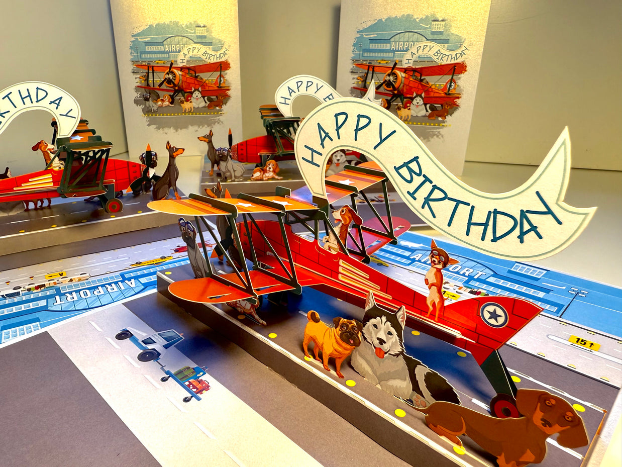 Happy Birthday Antique Aircraft & Dogs Origami Pop Cards 3D Pop Up Greeting Card Thank You Handmade Gift Thinking of You Blank Card for Happy Birthday Occasion Australiana Celebrate the Beauty and Happiness During Special Day Best Wishes Gift
