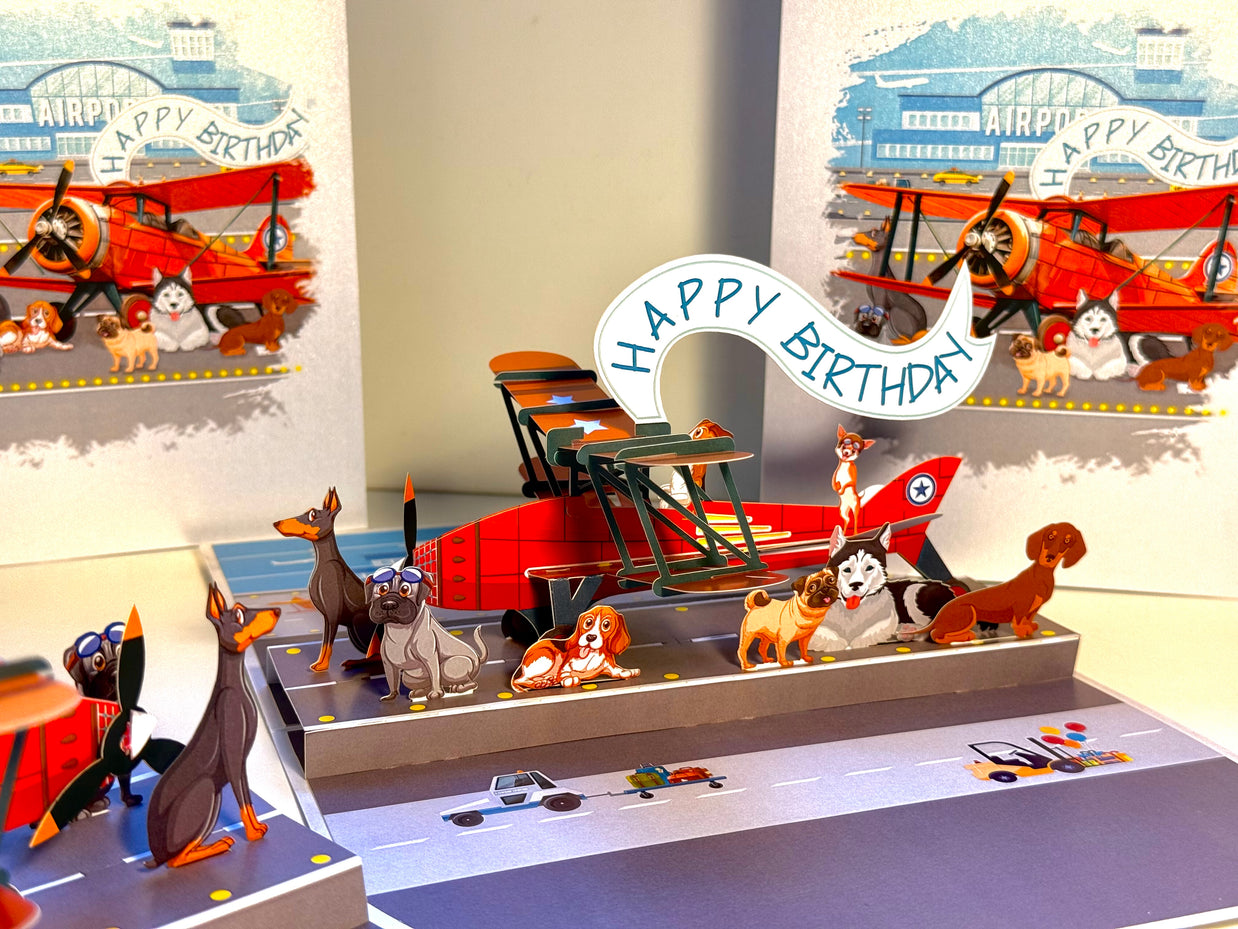 Happy Birthday Antique Aircraft & Dogs Origami Pop Cards 3D Pop Up Greeting Card Thank You Handmade Gift Thinking of You Blank Card for Happy Birthday Occasion Australiana Celebrate the Beauty and Happiness During Special Day Best Wishes Gift