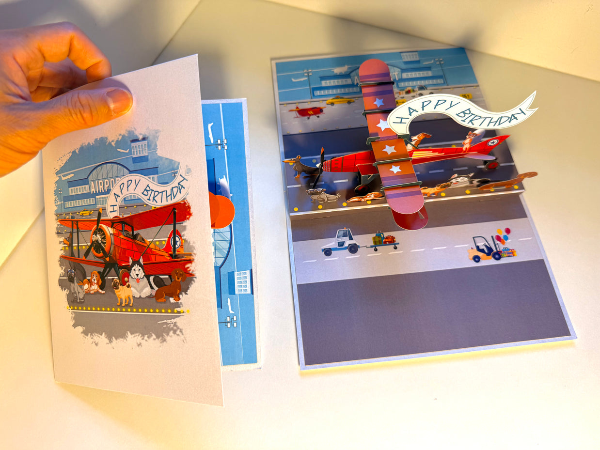 Happy Birthday Antique Aircraft & Dogs Origami Pop Cards 3D Pop Up Greeting Card Thank You Handmade Gift Thinking of You Blank Card for Happy Birthday Occasion Australiana Celebrate the Beauty and Happiness During Special Day Best Wishes Gift