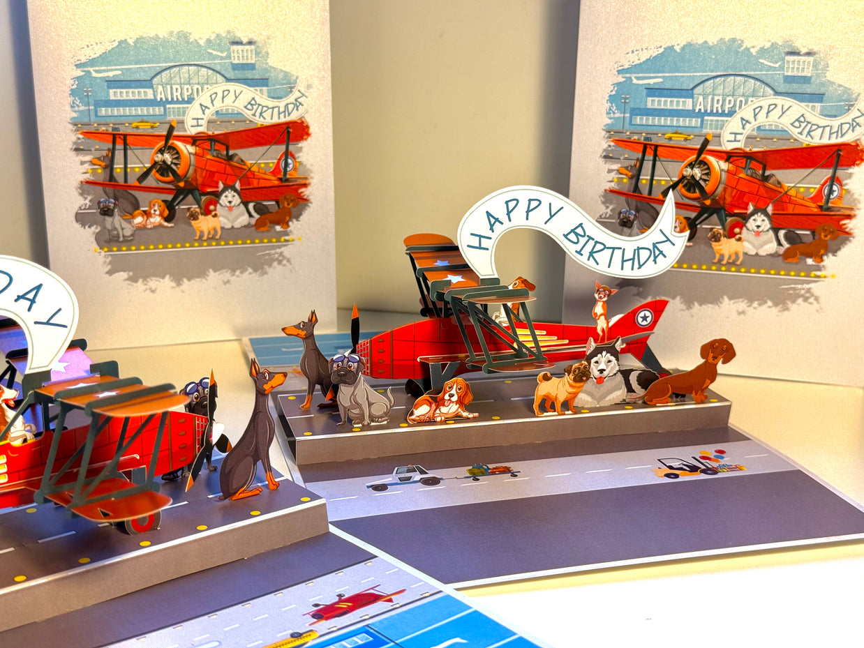 Happy Birthday Antique Aircraft & Dogs Origami Pop Cards 3D Pop Up Greeting Card Thank You Handmade Gift Thinking of You Blank Card for Happy Birthday Occasion Australiana Celebrate the Beauty and Happiness During Special Day Best Wishes Gift