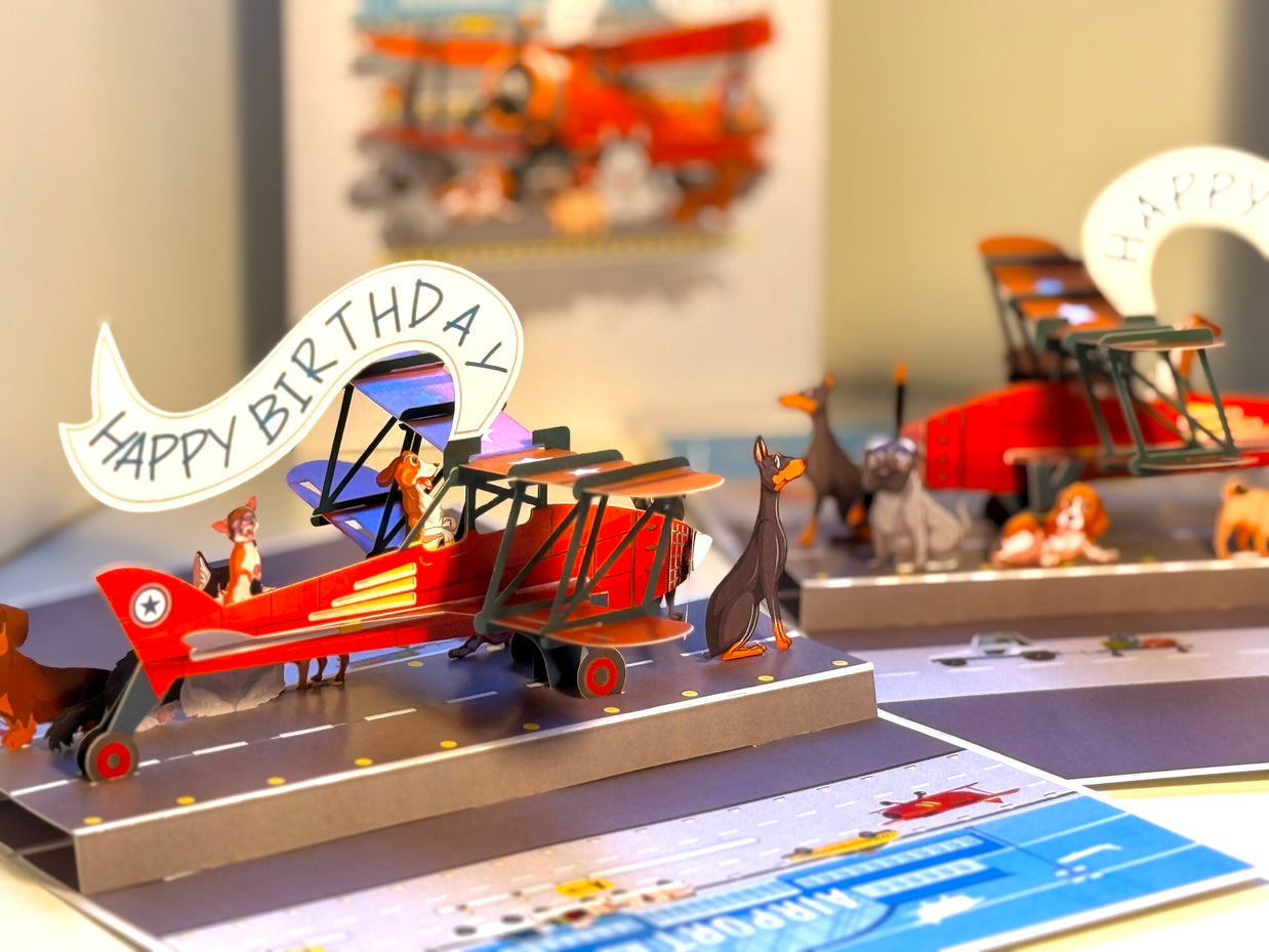 Happy Birthday Antique Aircraft & Dogs Origami Pop Cards 3D Pop Up Greeting Card Thank You Handmade Gift Thinking of You Blank Card for Happy Birthday Occasion Australiana Celebrate the Beauty and Happiness During Special Day Best Wishes Gift
