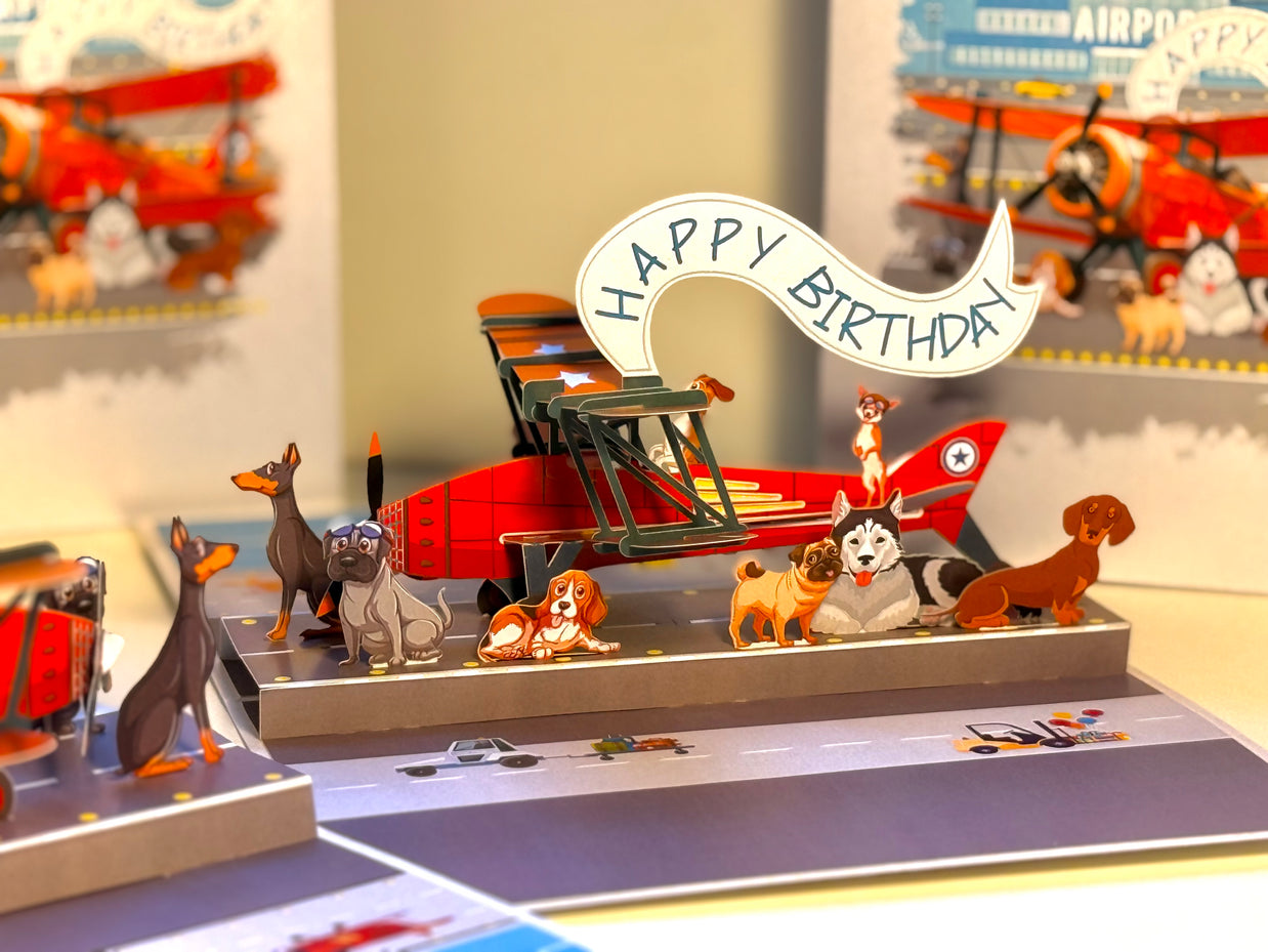 Happy Birthday Antique Aircraft & Dogs Origami Pop Cards 3D Pop Up Greeting Card Thank You Handmade Gift Thinking of You Blank Card for Happy Birthday Occasion Australiana Celebrate the Beauty and Happiness During Special Day Best Wishes Gift