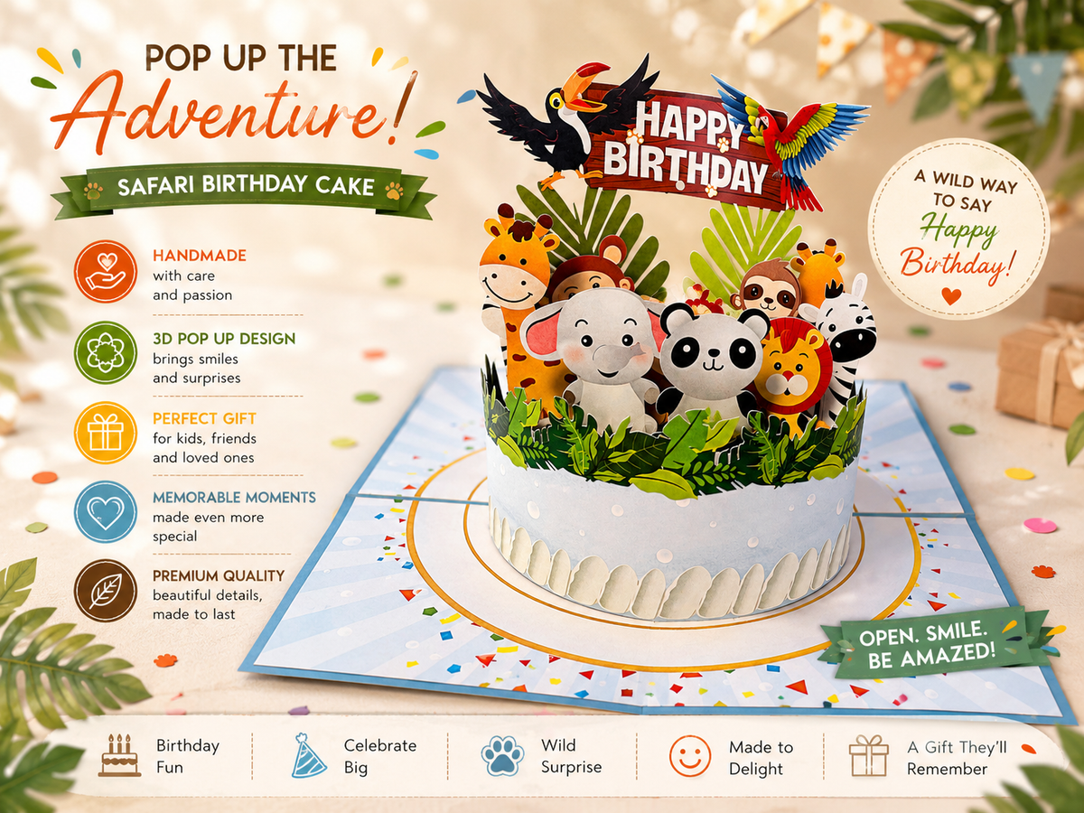 Happy Birthday Cake Safari Baby Jungle Party Origami Pop Cards 3D Pop Up Greeting Card Thank You Handmade Gift Thinking of You Happy Birthday Occasion Australiana Celebrate the Beauty and Happiness During Special Day Best Wishes Gift
