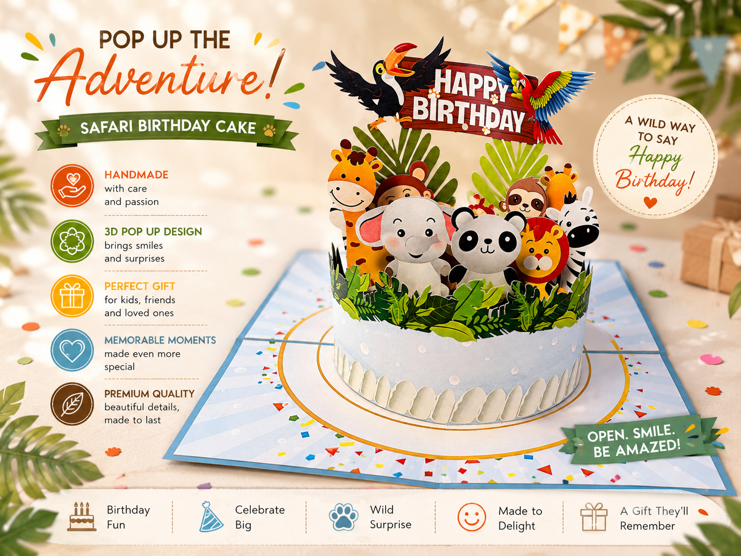 Happy Birthday Cake Safari Baby Jungle Party Origami Pop Cards 3D Pop Up Greeting Card Thank You Handmade Gift Thinking of You Happy Birthday Occasion Australiana Celebrate the Beauty and Happiness During Special Day Best Wishes Gift