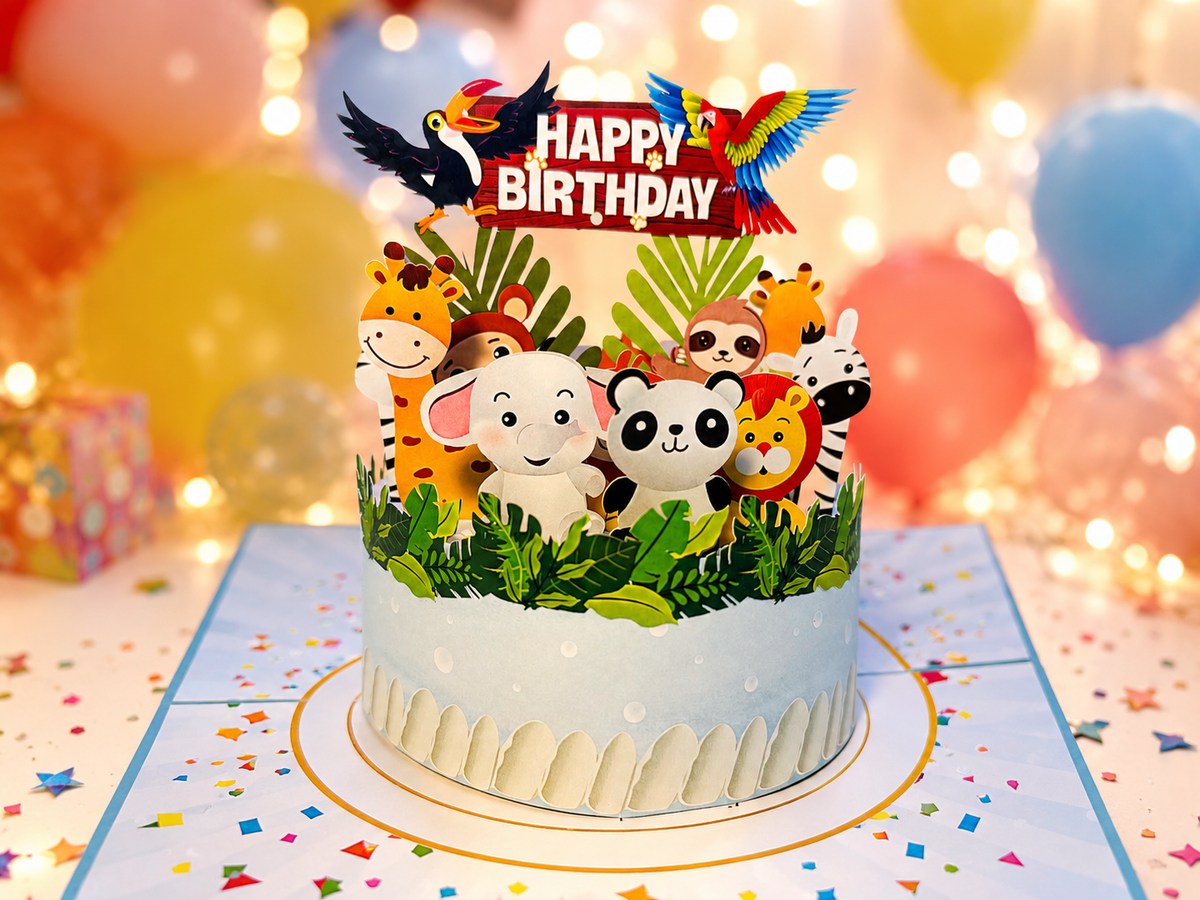 Happy Birthday Cake Safari Baby Jungle Party Origami Pop Cards 3D Pop Up Greeting Card Thank You Handmade Gift Thinking of You Happy Birthday Occasion Australiana Celebrate the Beauty and Happiness During Special Day Best Wishes Gift