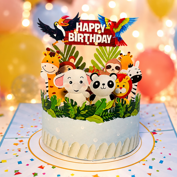Happy Birthday Cake Safari Baby Jungle Party Origami Pop Cards 3D Pop Up Greeting Card Thank You Handmade Gift Thinking of You Happy Birthday Occasion Australiana Celebrate the Beauty and Happiness During Special Day Best Wishes Gift