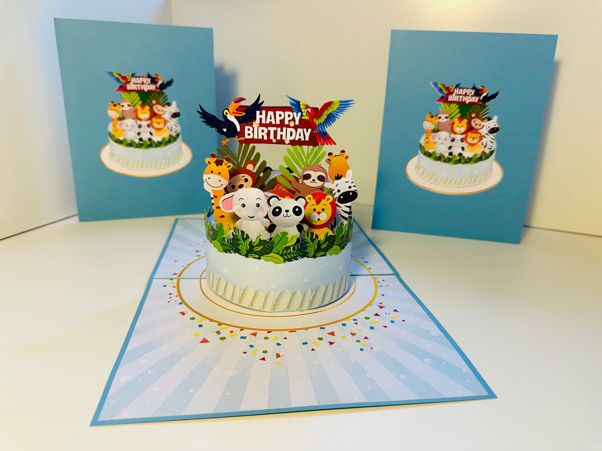 Happy Birthday Cake Safari Baby Jungle Party Origami Pop Cards 3D Pop Up Greeting Card Thank You Handmade Gift Thinking of You Happy Birthday Occasion Australiana Celebrate the Beauty and Happiness During Special Day Best Wishes Gift