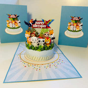 Happy Birthday Cake Safari Baby Jungle Party Origami Pop Cards 3D Pop Up Greeting Card Thank You Handmade Gift Thinking of You Happy Birthday Occasion Australiana Celebrate the Beauty and Happiness During Special Day Best Wishes Gift
