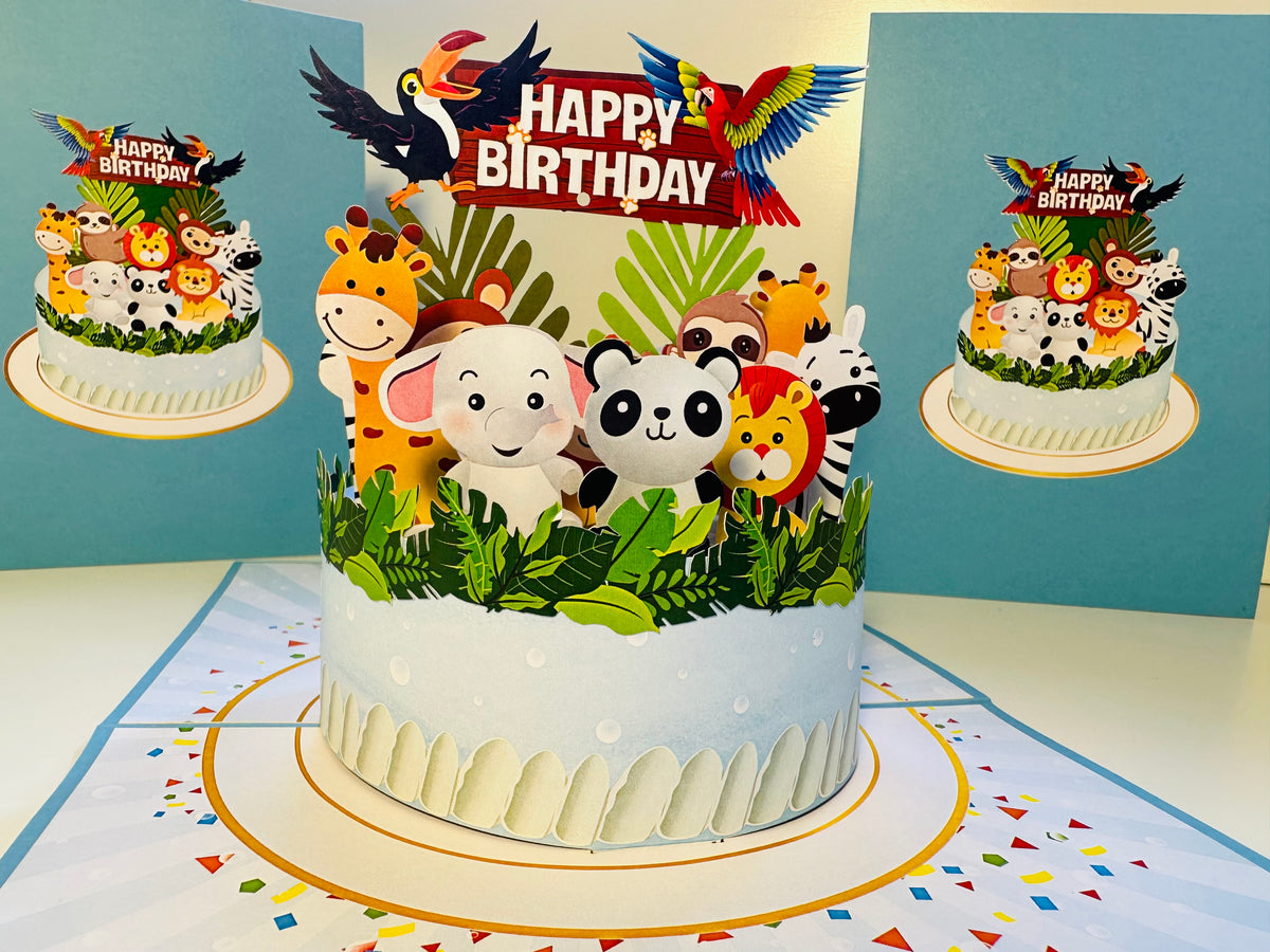 Happy Birthday Cake Safari Baby Jungle Party Origami Pop Cards 3D Pop Up Greeting Card Thank You Handmade Gift Thinking of You Happy Birthday Occasion Australiana Celebrate the Beauty and Happiness During Special Day Best Wishes Gift