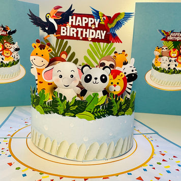 Happy Birthday Cake Safari Baby Jungle Party Origami Pop Cards 3D Pop Up Greeting Card Thank You Handmade Gift Thinking of You Happy Birthday Occasion Australiana Celebrate the Beauty and Happiness During Special Day Best Wishes Gift