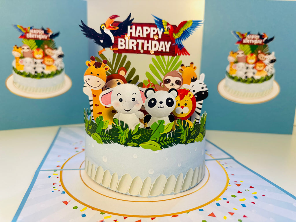 Happy Birthday Cake Safari Baby Jungle Party Origami Pop Cards 3D Pop Up Greeting Card Thank You Handmade Gift Thinking of You Happy Birthday Occasion Australiana Celebrate the Beauty and Happiness During Special Day Best Wishes Gift