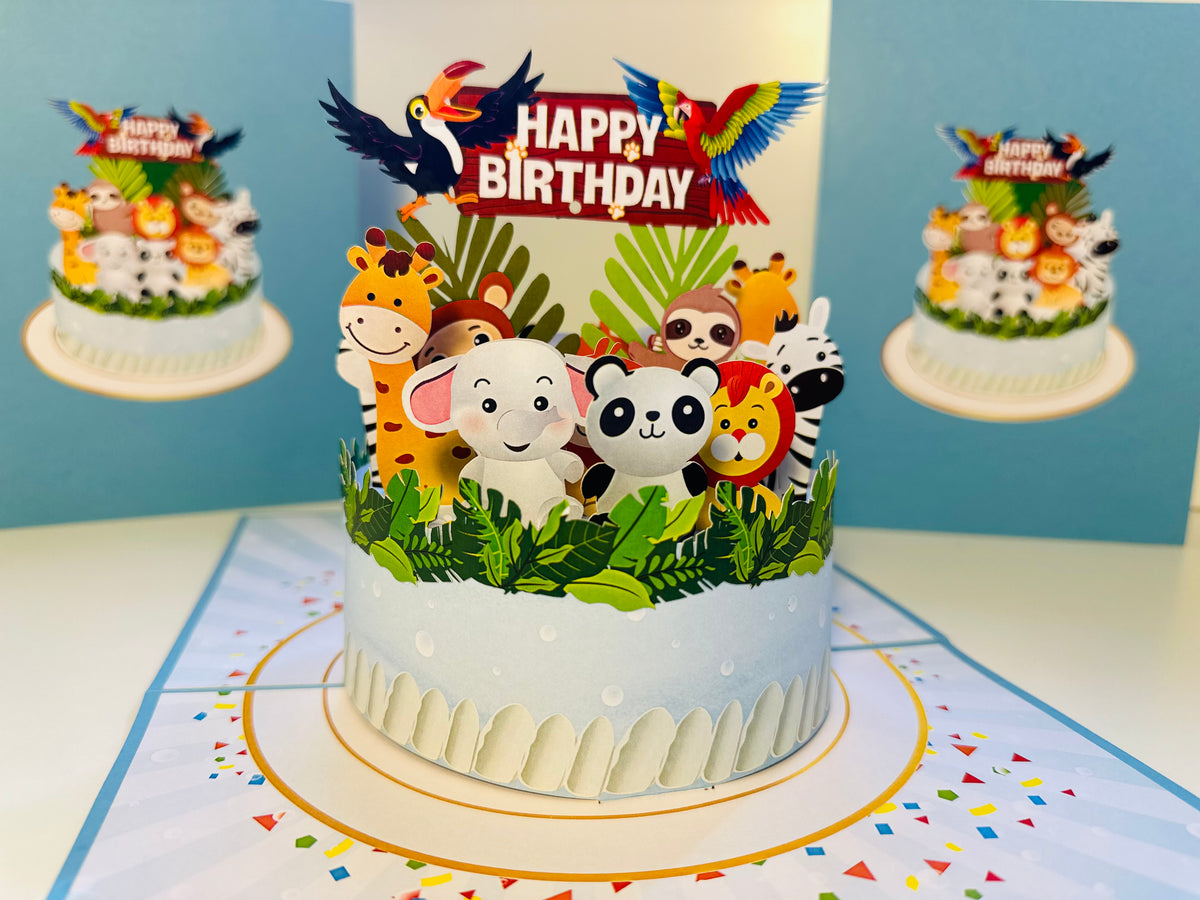 Happy Birthday Cake Safari Baby Jungle Party Origami Pop Cards 3D Pop Up Greeting Card Thank You Handmade Gift Thinking of You Happy Birthday Occasion Australiana Celebrate the Beauty and Happiness During Special Day Best Wishes Gift