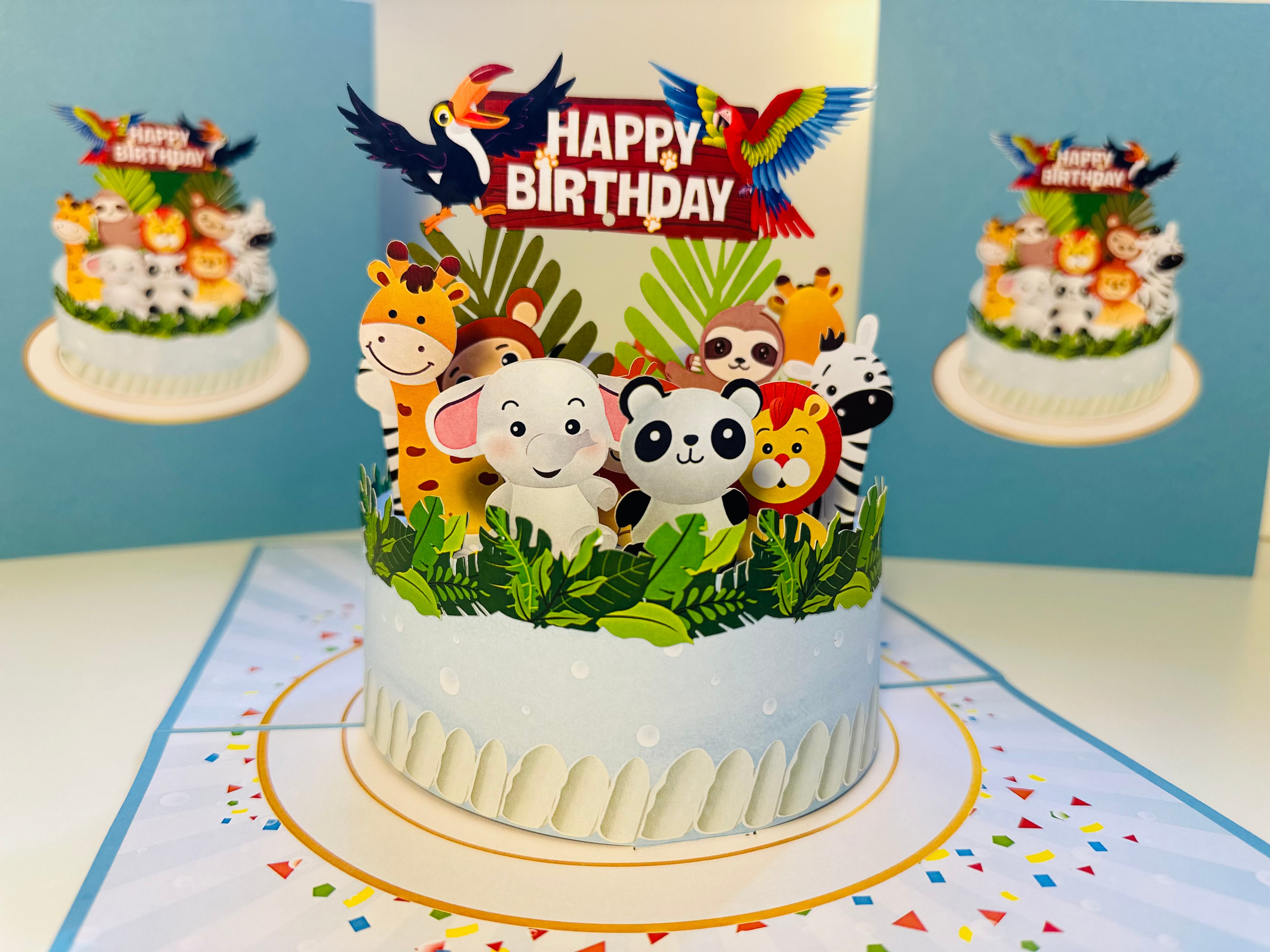 Happy Birthday Cake Safari Baby Jungle Party Origami Pop Cards 3D Pop Up Greeting Card Thank You Handmade Gift Thinking of You Happy Birthday Occasion Australiana Celebrate the Beauty and Happiness During Special Day Best Wishes Gift