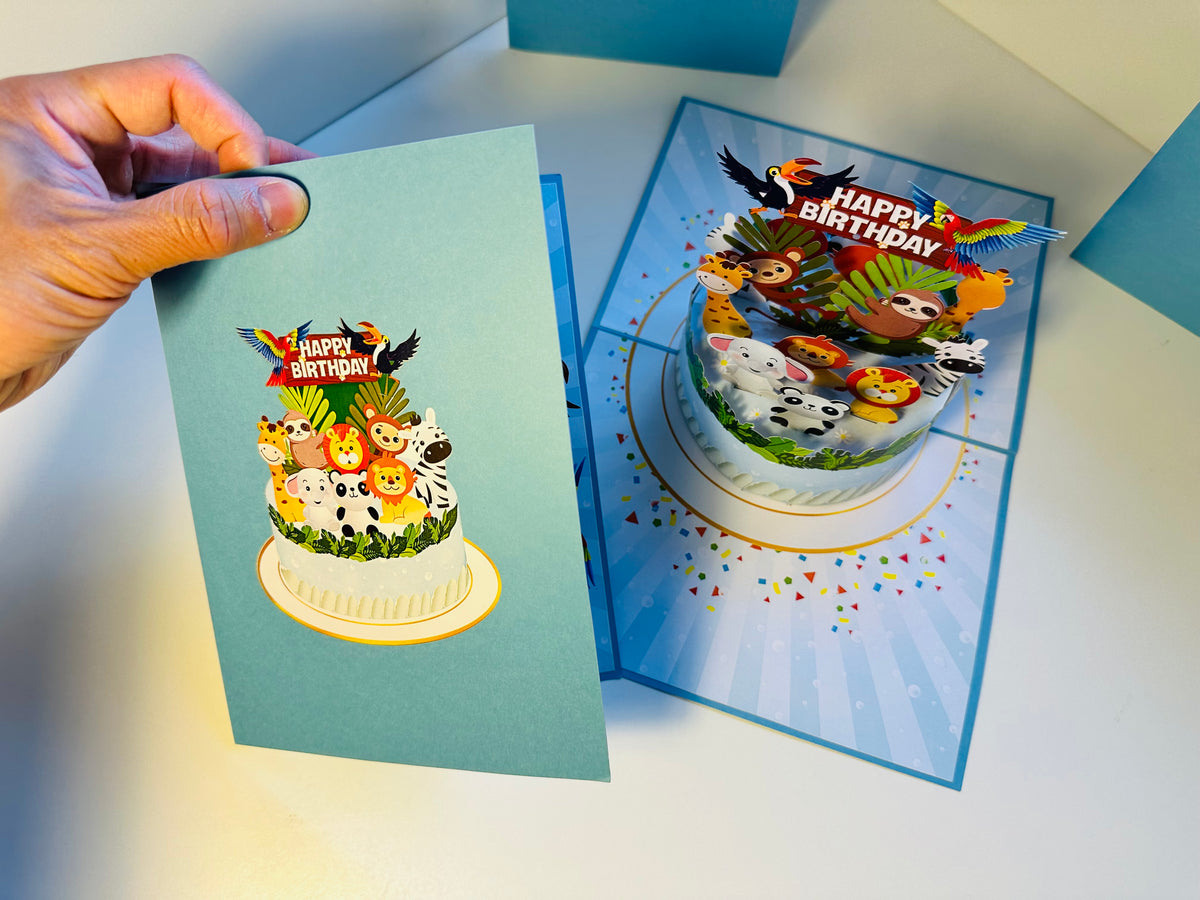Happy Birthday Cake Safari Baby Jungle Party Origami Pop Cards 3D Pop Up Greeting Card Thank You Handmade Gift Thinking of You Happy Birthday Occasion Australiana Celebrate the Beauty and Happiness During Special Day Best Wishes Gift