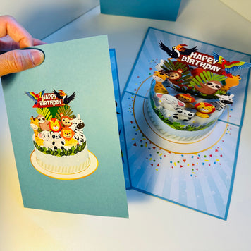 Happy Birthday Cake Safari Baby Jungle Party Origami Pop Cards 3D Pop Up Greeting Card Thank You Handmade Gift Thinking of You Happy Birthday Occasion Australiana Celebrate the Beauty and Happiness During Special Day Best Wishes Gift