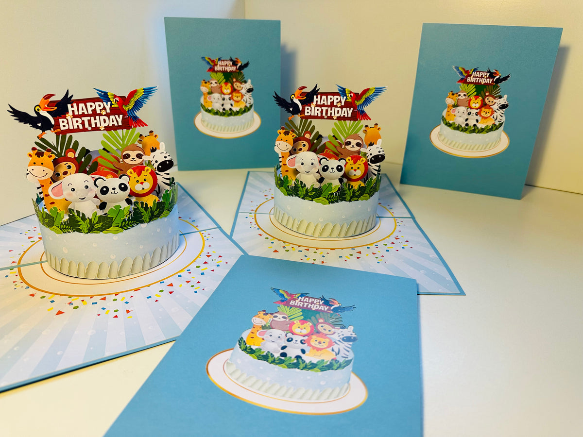 Happy Birthday Cake Safari Baby Jungle Party Origami Pop Cards 3D Pop Up Greeting Card Thank You Handmade Gift Thinking of You Happy Birthday Occasion Australiana Celebrate the Beauty and Happiness During Special Day Best Wishes Gift
