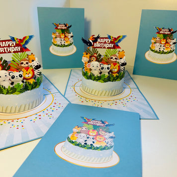 Happy Birthday Cake Safari Baby Jungle Party Origami Pop Cards 3D Pop Up Greeting Card Thank You Handmade Gift Thinking of You Happy Birthday Occasion Australiana Celebrate the Beauty and Happiness During Special Day Best Wishes Gift