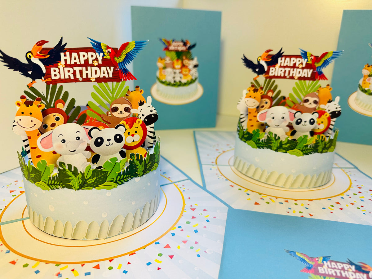 Happy Birthday Cake Safari Baby Jungle Party Origami Pop Cards 3D Pop Up Greeting Card Thank You Handmade Gift Thinking of You Happy Birthday Occasion Australiana Celebrate the Beauty and Happiness During Special Day Best Wishes Gift