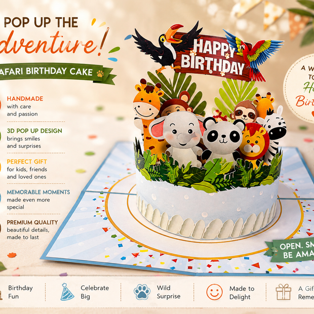 Happy Birthday Cake Safari Baby Jungle Party Origami Pop Cards 3D Pop Up Greeting Card Thank You Handmade Gift Thinking of You Happy Birthday Occasion Australiana Celebrate the Beauty and Happiness During Special Day Best Wishes Gift
