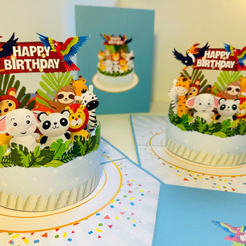 Happy Birthday Cake Safari Baby Jungle Party Origami Pop Cards 3D Pop Up Greeting Card Thank You Handmade Gift Thinking of You Happy Birthday Occasion Australiana Celebrate the Beauty and Happiness During Special Day Best Wishes Gift