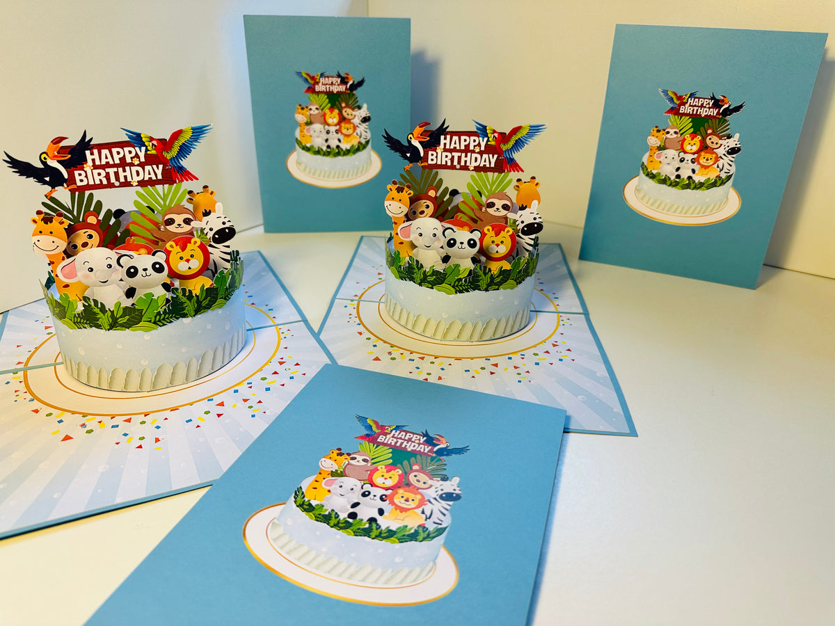 Happy Birthday Cake Safari Baby Jungle Party Origami Pop Cards 3D Pop Up Greeting Card Thank You Handmade Gift Thinking of You Happy Birthday Occasion Australiana Celebrate the Beauty and Happiness During Special Day Best Wishes Gift