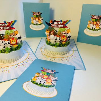 Happy Birthday Cake Safari Baby Jungle Party Origami Pop Cards 3D Pop Up Greeting Card Thank You Handmade Gift Thinking of You Happy Birthday Occasion Australiana Celebrate the Beauty and Happiness During Special Day Best Wishes Gift